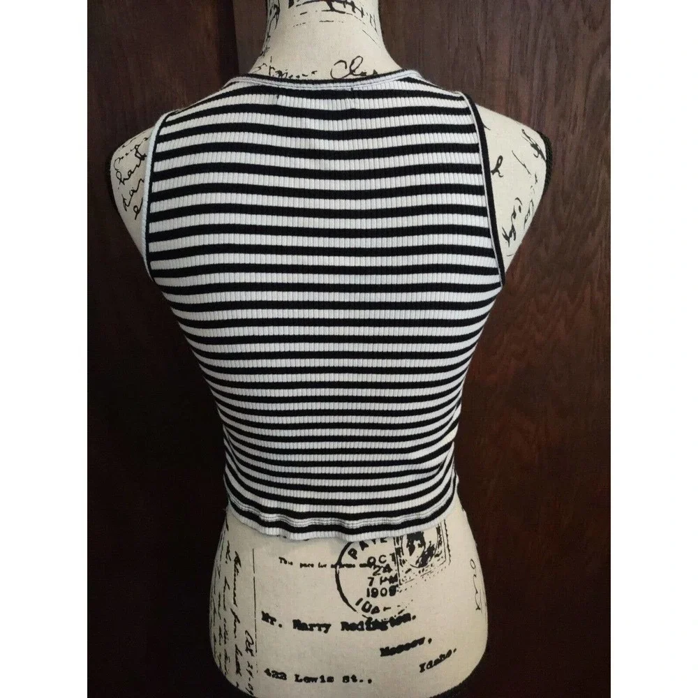 Ambiance Black White Womens Small Crop Cropped Top White Striped Cotton Stretch - Picture 2 of 4